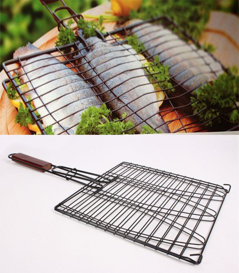 New DIY Non-stick Triple Fish Grilling Basket w/ Wood Handle Outdoor BBQ  Grilling Fish Rack Barbecue Tool Fish Grill Net