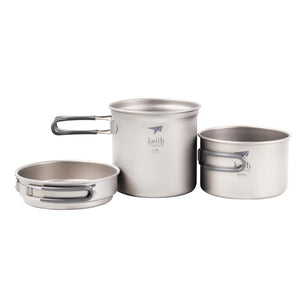 Keith Cookware Titanium Picnic Titanium Pot 1200ml Frying Pan Outdoor Titanium Bowl Camping Hiking Cookware Set Ti6014