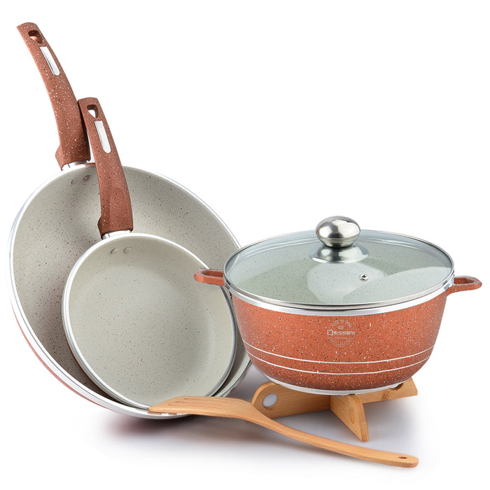 QueenTime 5pcs/set Non-Stick Frying Pan Cooware Set Wood Truners Spatula Soup Pot Holder Aluminum Alloy Pan Combo Cooking Tools