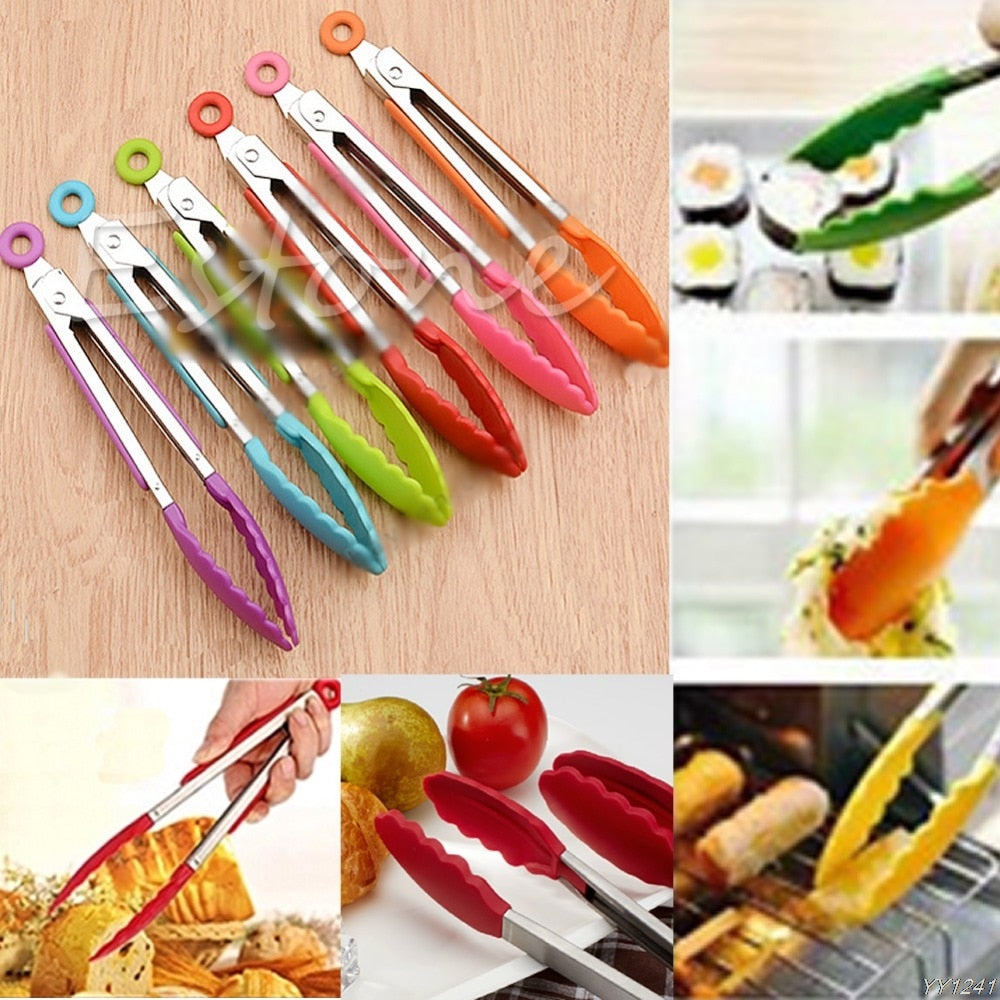 NEW Silicone Kitchen Cooking Salad Serving BBQ Tongs Stainless Steel Handle Utensil Y110-Dropshipping