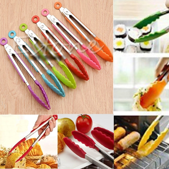 NEW Silicone Kitchen Cooking Salad Serving BBQ Tongs Stainless Steel Handle Utensil Y110-Dropshipping