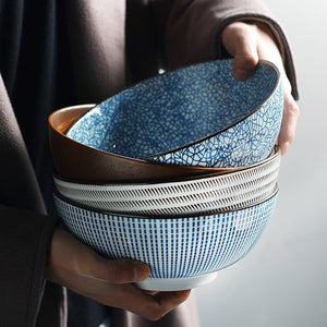 8 inch Japanese Style Bowl Ceramic Noodle Bowl Stripe Design Large Bowls Creative Restaurant Household Retro Bowl