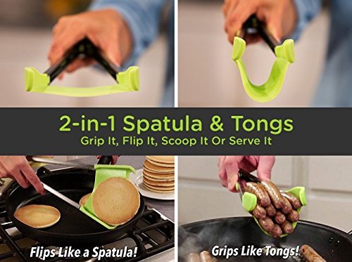 Clever Tongs - Kitchen 2 In 1 Spatula Tongs Non-Stick Heat Resistant Stainless Steel Frame Silicone And Dishwasher Safe