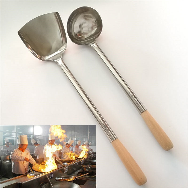 big long spatula shovel chef cooking cocina utensilios blade Kitchen Utensil Wooden Handle Stainless Steel Turner Soup Spoon wok