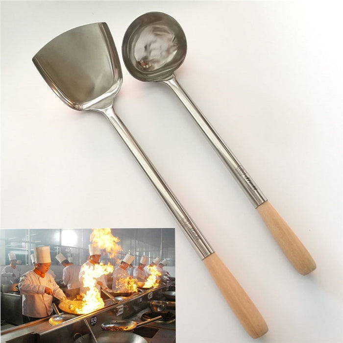 big long spatula shovel chef cooking cocina utensilios blade Kitchen Utensil Wooden Handle Stainless Steel Turner Soup Spoon wok