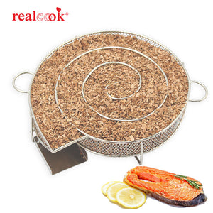 Realcook 8.07 inch Round Smoke Generator BBQ Wood Chips Cold Smoker Smoking Basket For Salmon Fish Meat Barbecue Grill Cooking