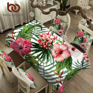 BeddingOutlet Flowers Kitchen Tablecloth Leaves Red Green White Waterproof Table Cloth Tropical Plants Decorative Table Cover