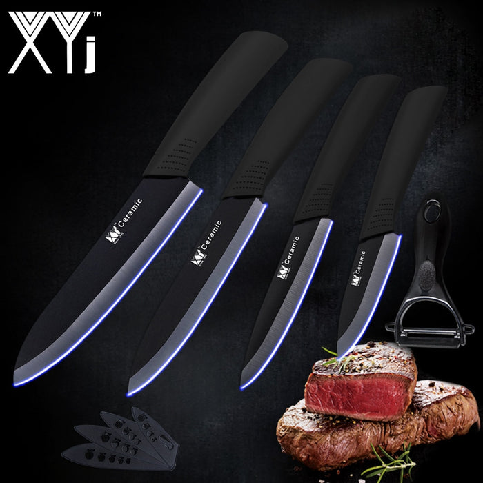 New Ceramic Knife Set 3, 4, 5, 6 Inch Paring Utility Slicing Chef Kitchen Knife One Black Blade Peeler Accessories Black Handle