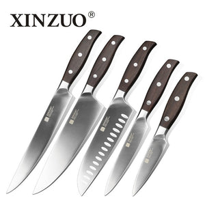 XINZUO Brand High Quality 3.5+5+7+8+8 inch Paring Utility Santuko Cleaver Chef Knives German Stainless Steel Kitchen Knife Sets