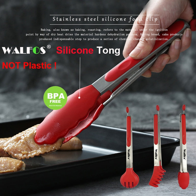 WALFOS Food Grade 100% Silicone food tongs Kitchen Tongs utensil Cooking Tong clip Clamp accessories Salad Serving BBQ tools