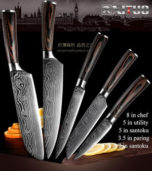 XITUO 5PCS Kitchen Knife Set Stainless Steel Blades Damascus Laser Chef Knife Sets Santoku Utility Paring Cooking Tools kitchen