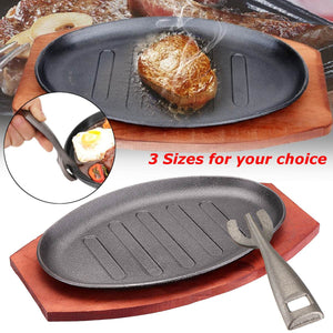 3 Sizes Cast Iron Steak Fajita Sizzling Platter Plate BBQ Grill Pan Cooking Wooden Holder