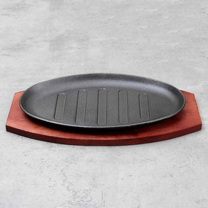 3 Sizes Cast Iron Steak Fajita Sizzling Platter Plate BBQ Grill Pan Cooking Wooden Holder