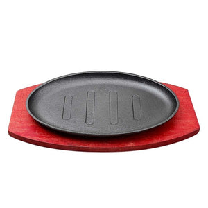 3 Sizes Cast Iron Steak Fajita Sizzling Platter Plate BBQ Grill Pan Cooking Wooden Holder