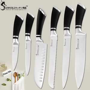 SOWOLL High Quality 6 Pcs Stainless Steel Knife Kitchen Knife Set Tools Paring Utility Santoku Slicing Bread Chef Cooking Knife
