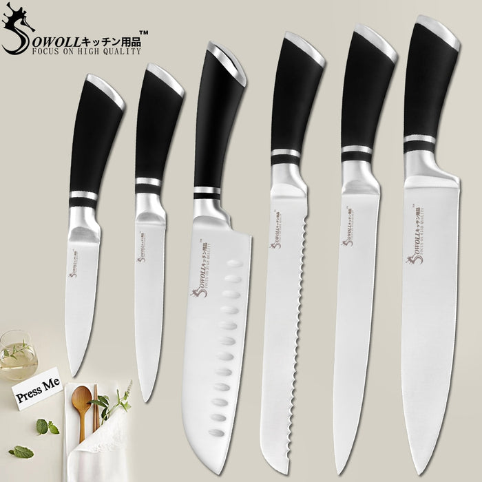 SOWOLL High Quality 6 Pcs Stainless Steel Knife Kitchen Knife Set Tools Paring Utility Santoku Slicing Bread Chef Cooking Knife