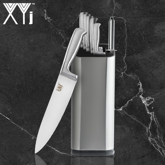 XYJ Japanese Stainless Steel Kitchen Knives Set & 8 inch Multi-purpose Knife Holder & Sharpener 8-piece Set Chef CookingTools