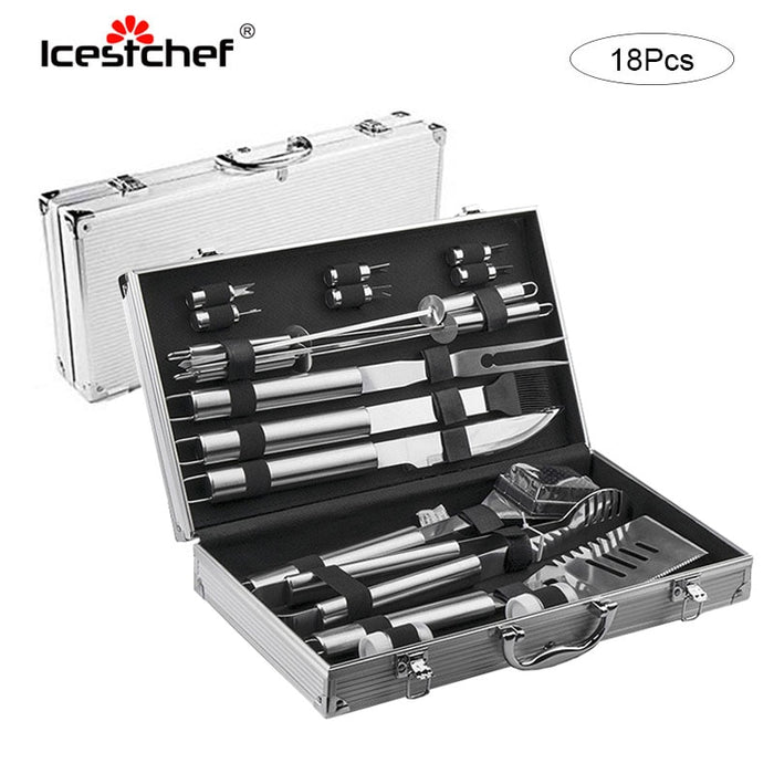 18Pcs/Set Stainless Steel Barbecue Cooking Utensil Set BBQ Grill Tool Kit With Carry Bag or Aluminum box