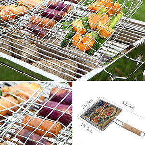 2018 New Fashion Hot Popular Camping Portable BBQ Net Grilling Basket Stainless Steel Removable Wooden Handle