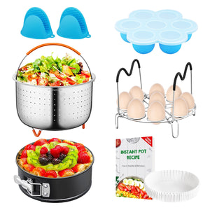 HOMEMAXS 6PCS Instant Pot Accessories Set with Steamer Basket Springform Pan Egg Rack Silicone Mold with Lid Silicone Mitts