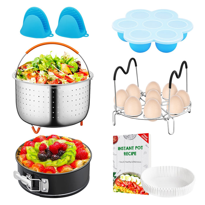 HOMEMAXS 6PCS Instant Pot Accessories Set with Steamer Basket Springform Pan Egg Rack Silicone Mold with Lid Silicone Mitts